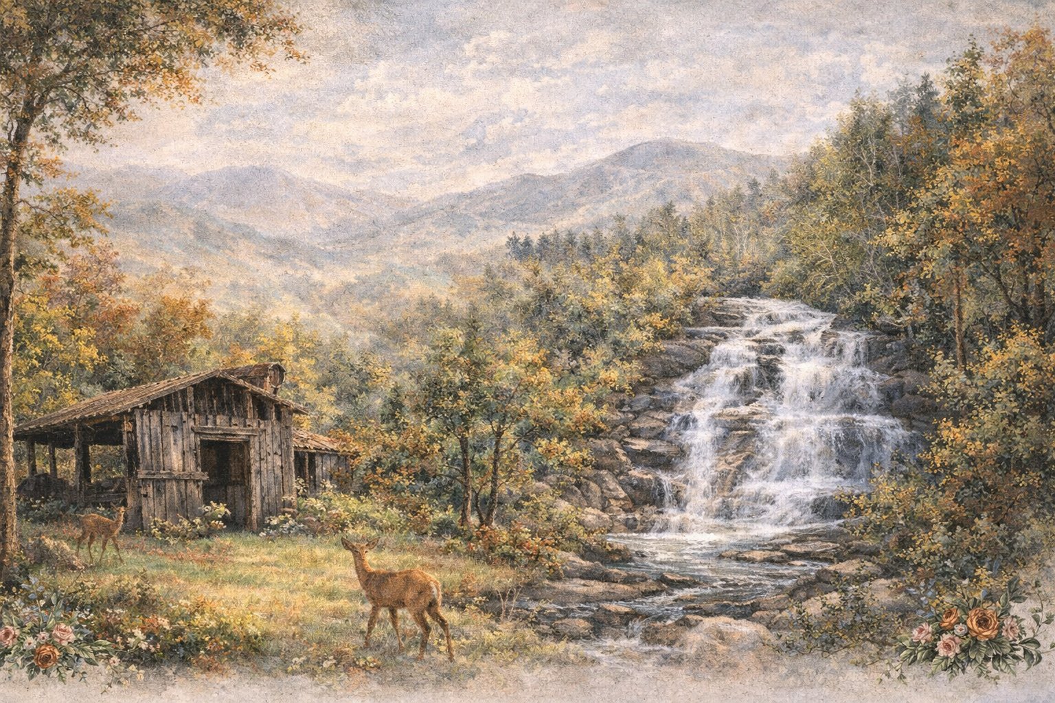 Painted mountain landscape with rustic barn, deer, and waterfall — Brevard, North Carolina